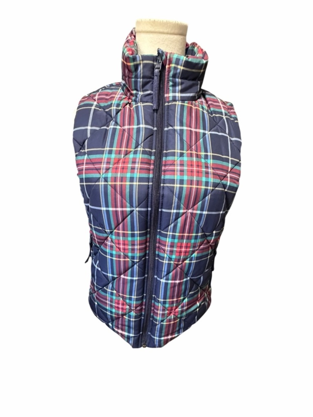 Vera Bradley Navy Plaid Quilted Vest with Stand Collar and Pockets Sz Small